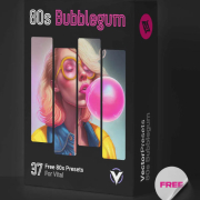 Box cover for “80s Bubblegum – Free Vital Presets” by Vector Presets, featuring vibrant 80s-style artwork of a blonde woman in yellow glasses blowing pink bubblegum. Includes 37 free synthwave presets for the Vital VST plugin.